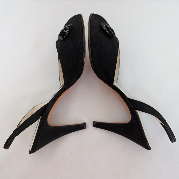 Casadei Woman's Shoes Sz 7 1/2 Black Leather Satin with Sequin Bow Sling Back - Picture 6 of 9